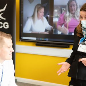 Minister for Apprenticeships and Skills Gillian Keegan MP talks to a T Level student