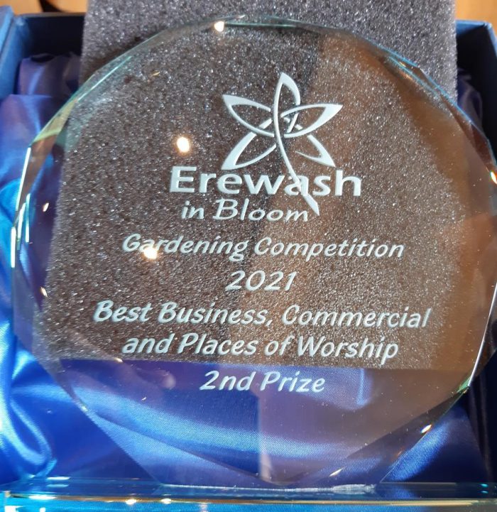 Medal for 2nd prize in the Best Business, Commercial and Places of Worship at Erewash in Bloom