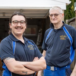 Drury Joinery Services owner Lee Drury standing with apprentice Andrew Truglia