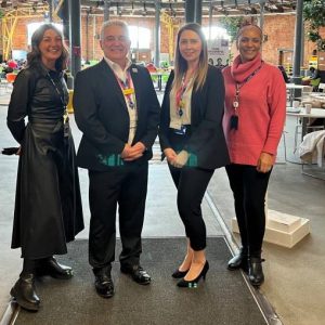 Carol Dixon, DCG Director of Employer Partnerships; Roger McBroom; Mel Palmer; and Donna Evans-Thomas, DCG Key Account Manager at The Roundhouse, Derby College.