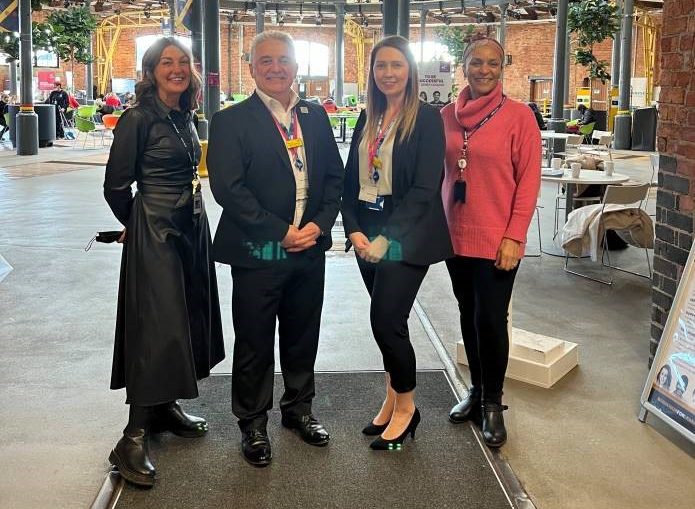 Carol Dixon, DCG Director of Employer Partnerships; Roger McBroom; Mel Palmer; and Donna Evans-Thomas, DCG Key Account Manager at The Roundhouse, Derby College.