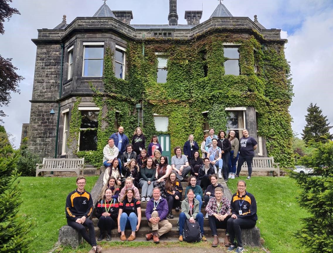 Higher education students from Derby College, Hadlow College and SMB Brookby College sat outside of the old building at Broomfield Hall.