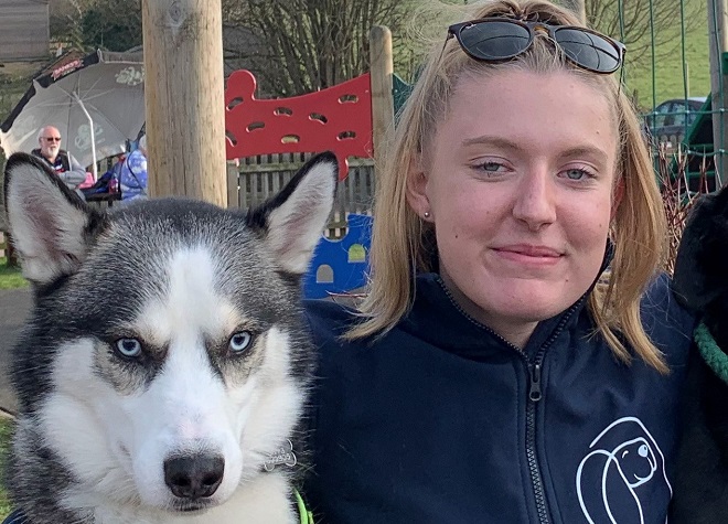 Jo Lenham with her pet husky dog.