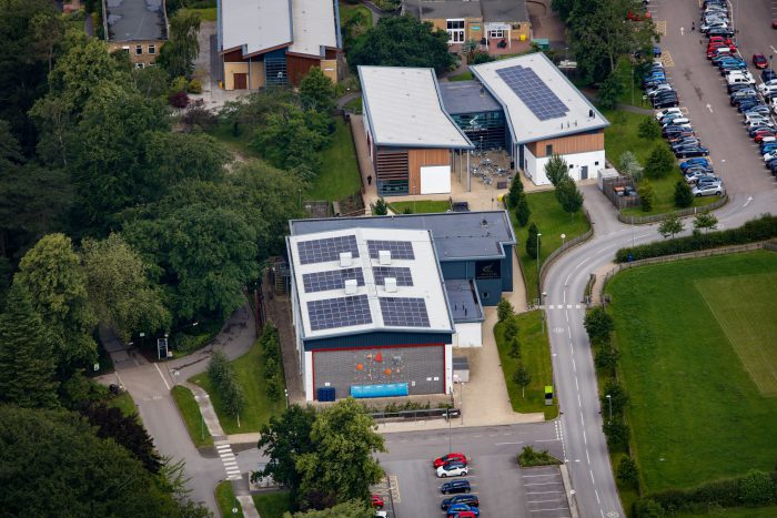 Broomfield Hall captured by a drone camera from high up.