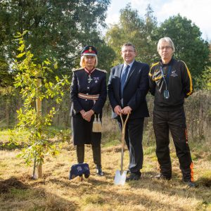 Jon Collins with the Lord Lieutenant of Derbyshire, Mrs Elizabeth Fothergill CBE, and Paul Foskett, Teacher of Countryside and Arboriculture