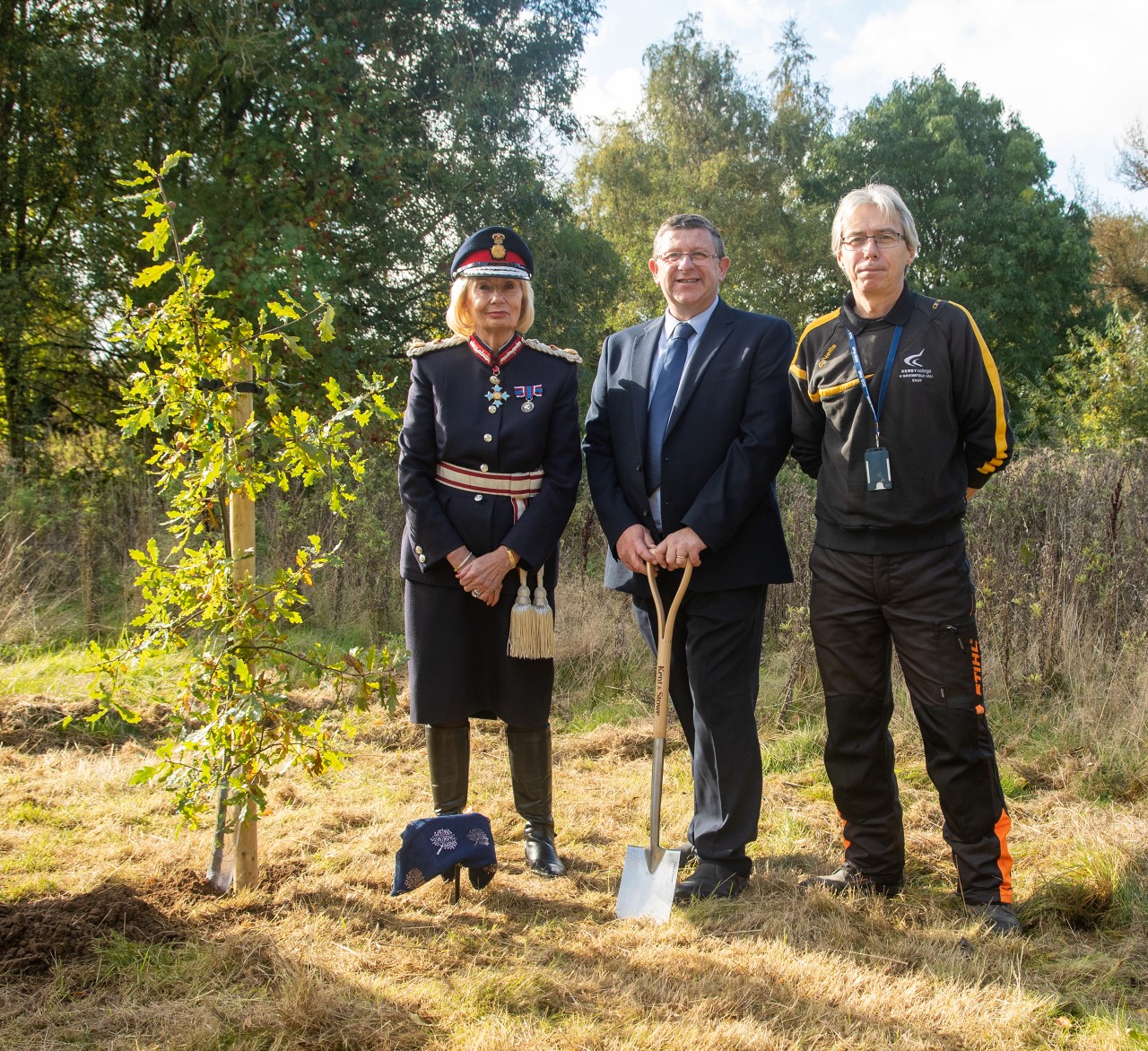 Jon Collins with the Lord Lieutenant of Derbyshire, Mrs Elizabeth Fothergill CBE, and Paul Foskett, Teacher of Countryside and Arboriculture
