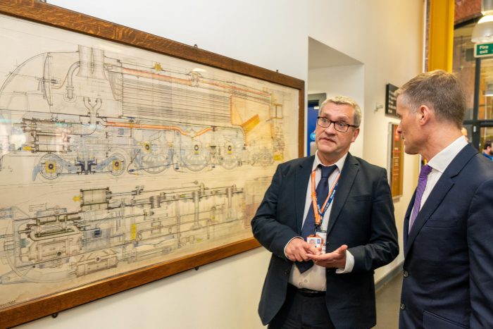 Brian Malyan, Assistant Principal (Technology) explaining the history of the Roundhouse to the Transport Minister Mark Harper