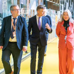 Brian Malyan, Assistant Principal (Technology) with the Transport Minister Mark Harper and Mandie Stravino OBE, Derby College Group's CEO