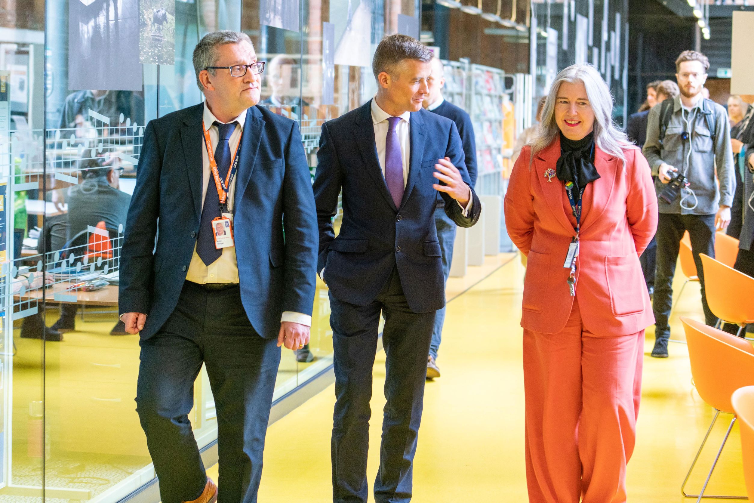 Brian Malyan, Assistant Principal (Technology) with the Transport Minister Mark Harper and Mandie Stravino OBE, Derby College Group's CEO