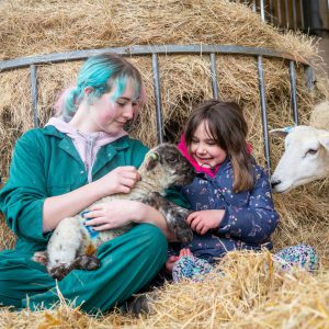Agriculture student tending to a lamb with a child at Broomfield Hall's Lambing Sunday.