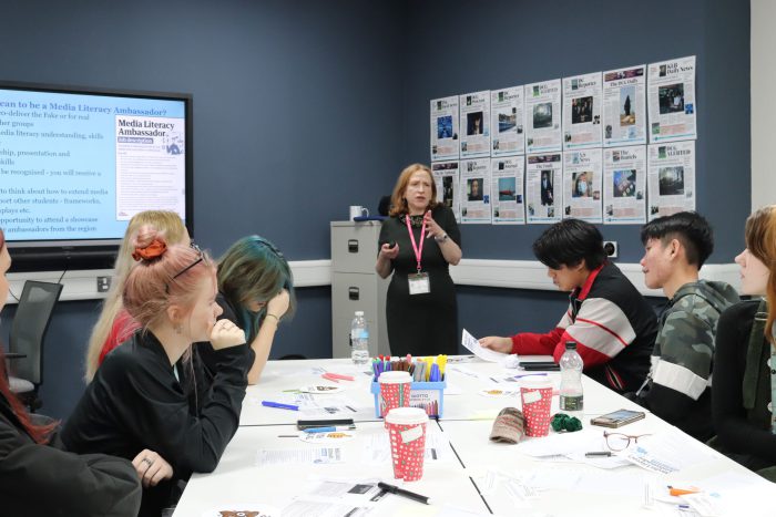 Head of Secondary and Higher Education at The Guardian Foundation, Margaret Holborn, talking to GCSE Plus students on the programme.