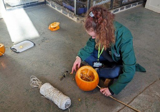 Female student with crafts and tools decorating a pumpkin.