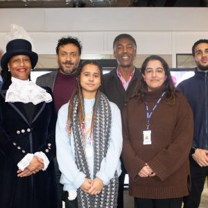 left to right, front to back: Theresa Peltier, High Sheriff of Derbyshire Samantha Rosser, DCG Business Student Sharia Ashraf, DCG Student Experience and Pastoral Team Leader Tom Douse Junior Barrie Douse George Grignon Marcus Gayle, DCG Behaviour and Engagement Lead