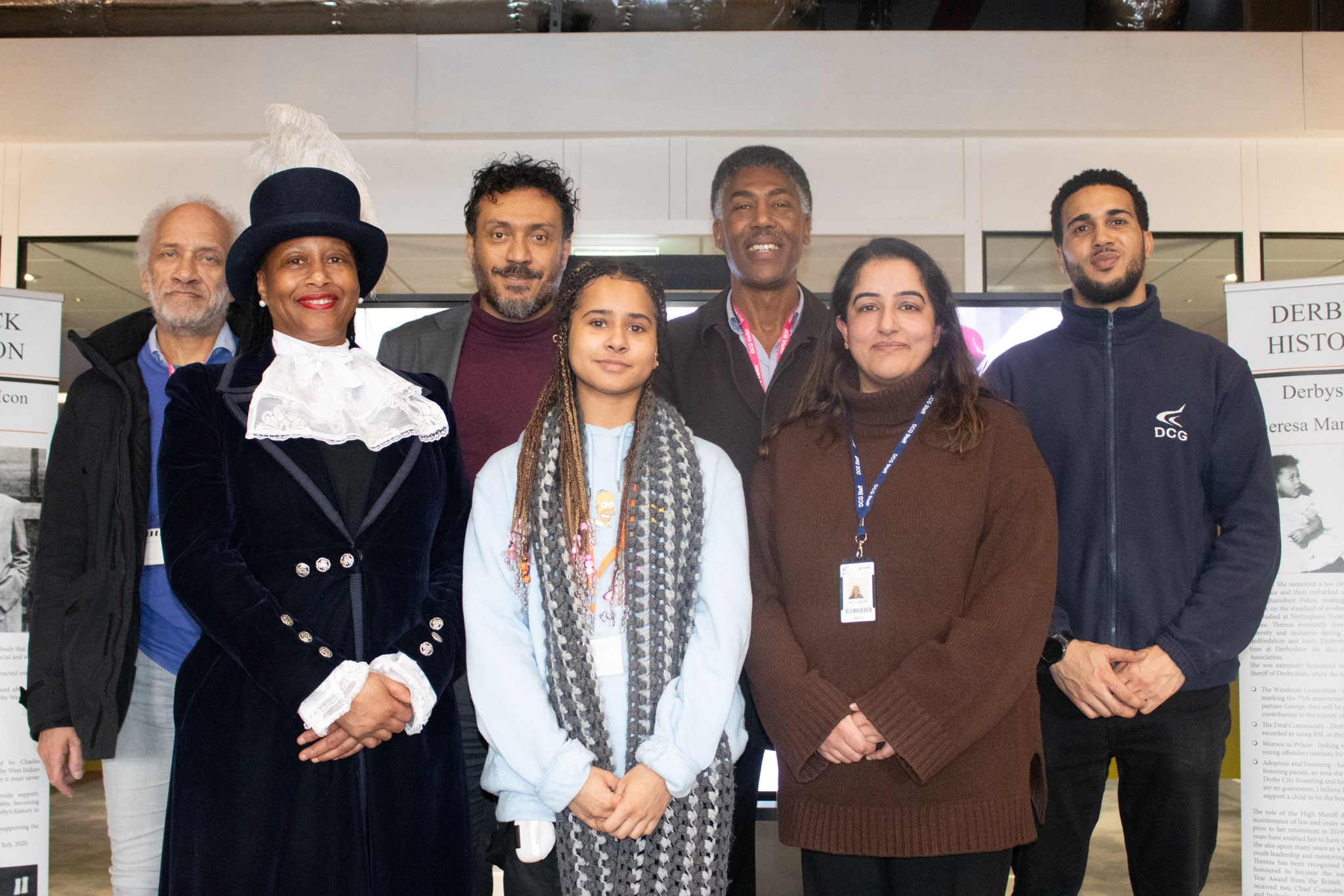 left to right, front to back: Theresa Peltier, High Sheriff of Derbyshire Samantha Rosser, DCG Business Student Sharia Ashraf, DCG Student Experience and Pastoral Team Leader Tom Douse Junior Barrie Douse George Grignon Marcus Gayle, DCG Behaviour and Engagement Lead