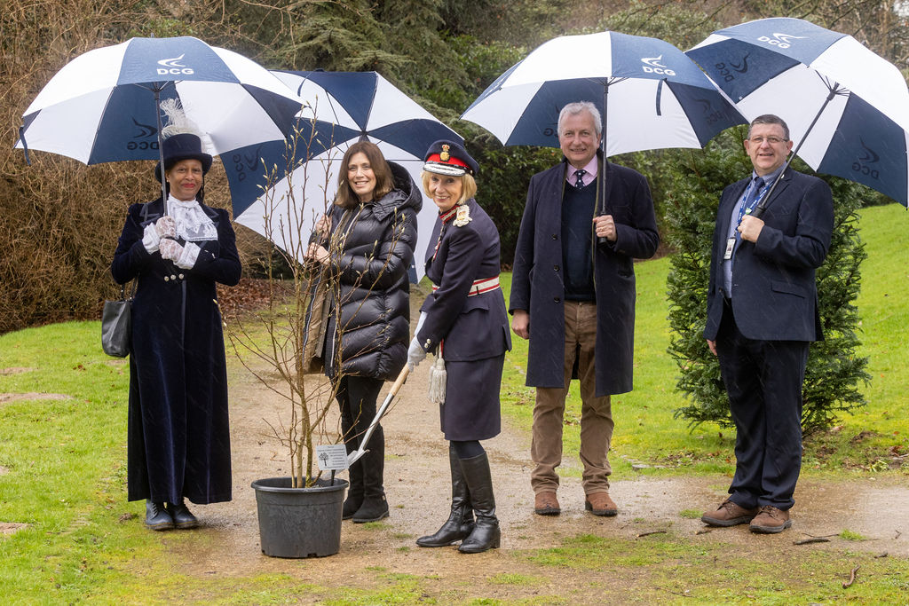 The Lord Lieutenant of Derbyshire (centre) with, from left: Theresa Peltier, High Sheriff of Derbyshire, Deputy CEO Heather Kelly, Under Sheriff of Derbyshire and Chair of Governors for DCG, Andrew Cochrane and Jon Collins, Assistant Principal at Derby College Group