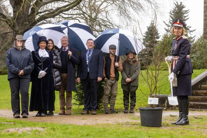 The Lord Lieutenant of Derbyshire (right) with, from left:
Sara Bishop - Garden Volunteer, Theresa Peltier, High Sheriff of Derbyshire, Deputy CEO Heather Kelly, Under Sheriff of Derbyshire and Chair of Governors for DCG, Andrew Cochrane and Jon Collins, Head of Land-based at Derby College Group, Luke Morley - Garden Apprentice and Samantha Harvey, Head Gardener