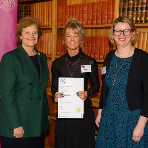 Three females, Professor Dame Ann Dowling OM FRS FREng (Commissioner and Chair of the Industry and Engineering Committee for the Royal Commission of the Exhibition of 1851) Sophie Harris and Dr Katerina Kolyva (Chief Executive Officer of the Education and Training Foundation). Sophie is holding her Fellowship.