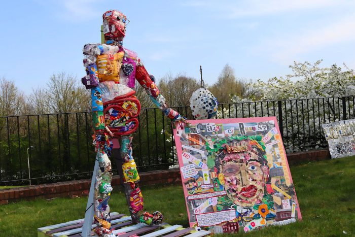 Two sculptures made from rubbish.