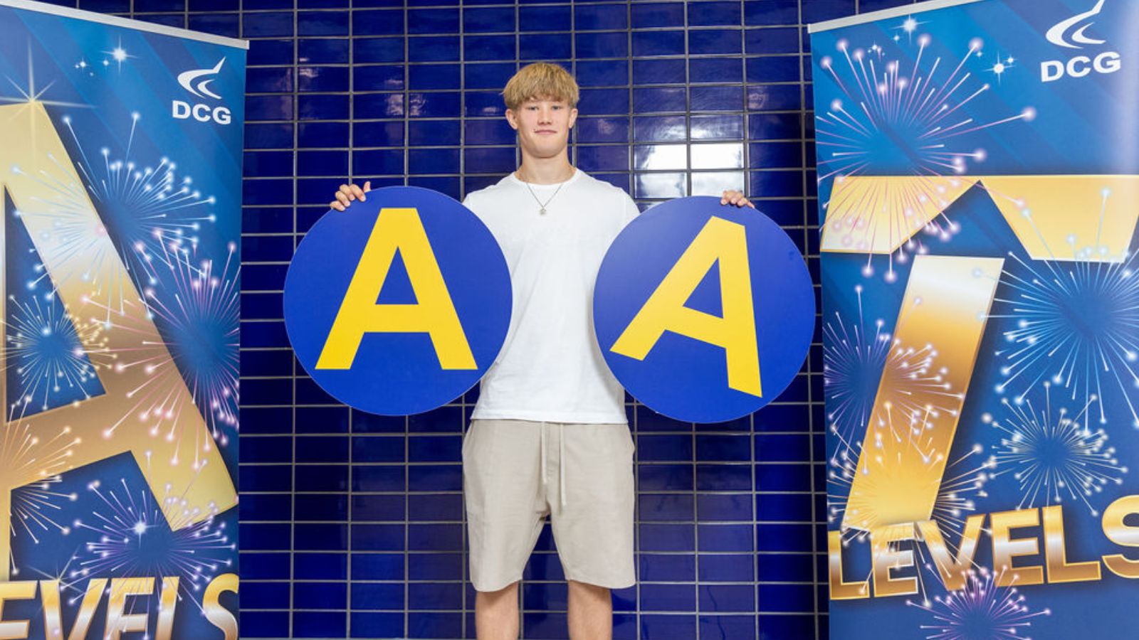 Young students holding two circular signs that read A