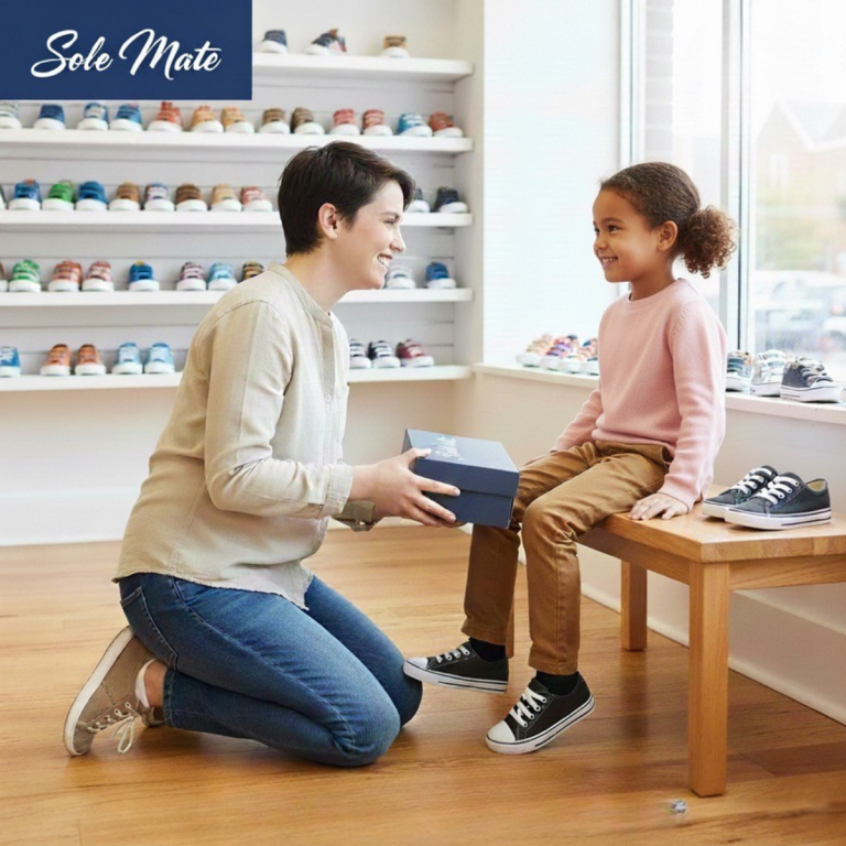 Person and a child trying shoes on at a shoe store.