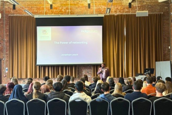 Jonathan Leach delivering a presentation titled “The Power of Networking” to Derby College Group students during the networking event focused on confidence, communication, and employability.