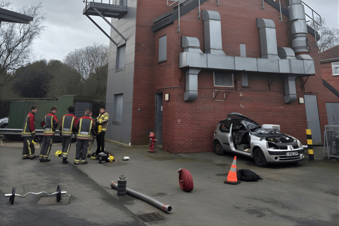 Public Services students from Derby College taking part in a firefighter experience day at Derbyshire Fire & Rescue Service, standing beside training equipment and a simulated vehicle rescue setup.