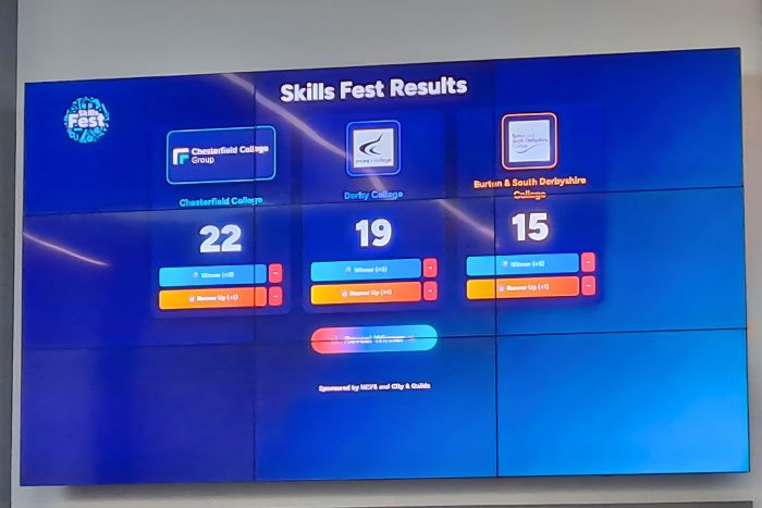 Digital scoreboard displaying SkillsFest results for Chesterfield College, Derby College and Burton and South Derbyshire College during the inter-college competition.