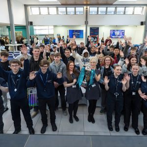 Large group of students and staff celebrating together at the SkillsFest inter-college event involving colleges from Derby, Chesterfield and Burton.