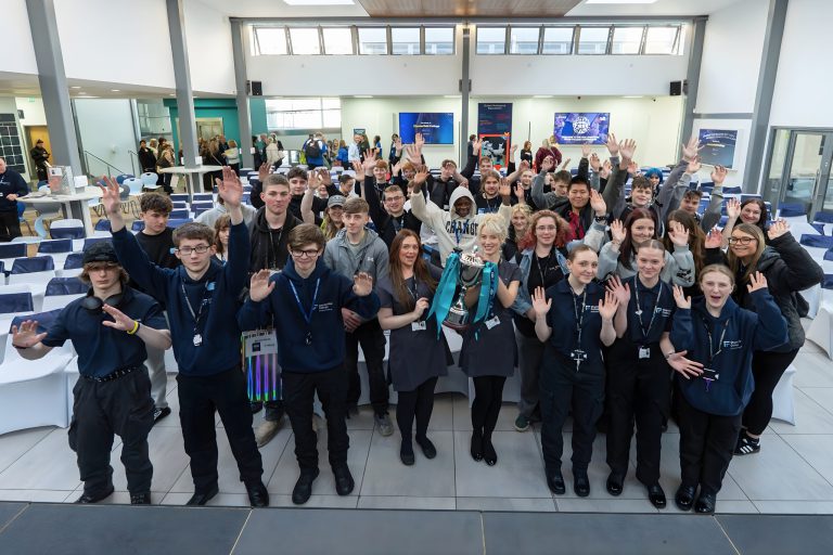Large group of students and staff celebrating together at the SkillsFest inter-college event involving colleges from Derby, Chesterfield and Burton.