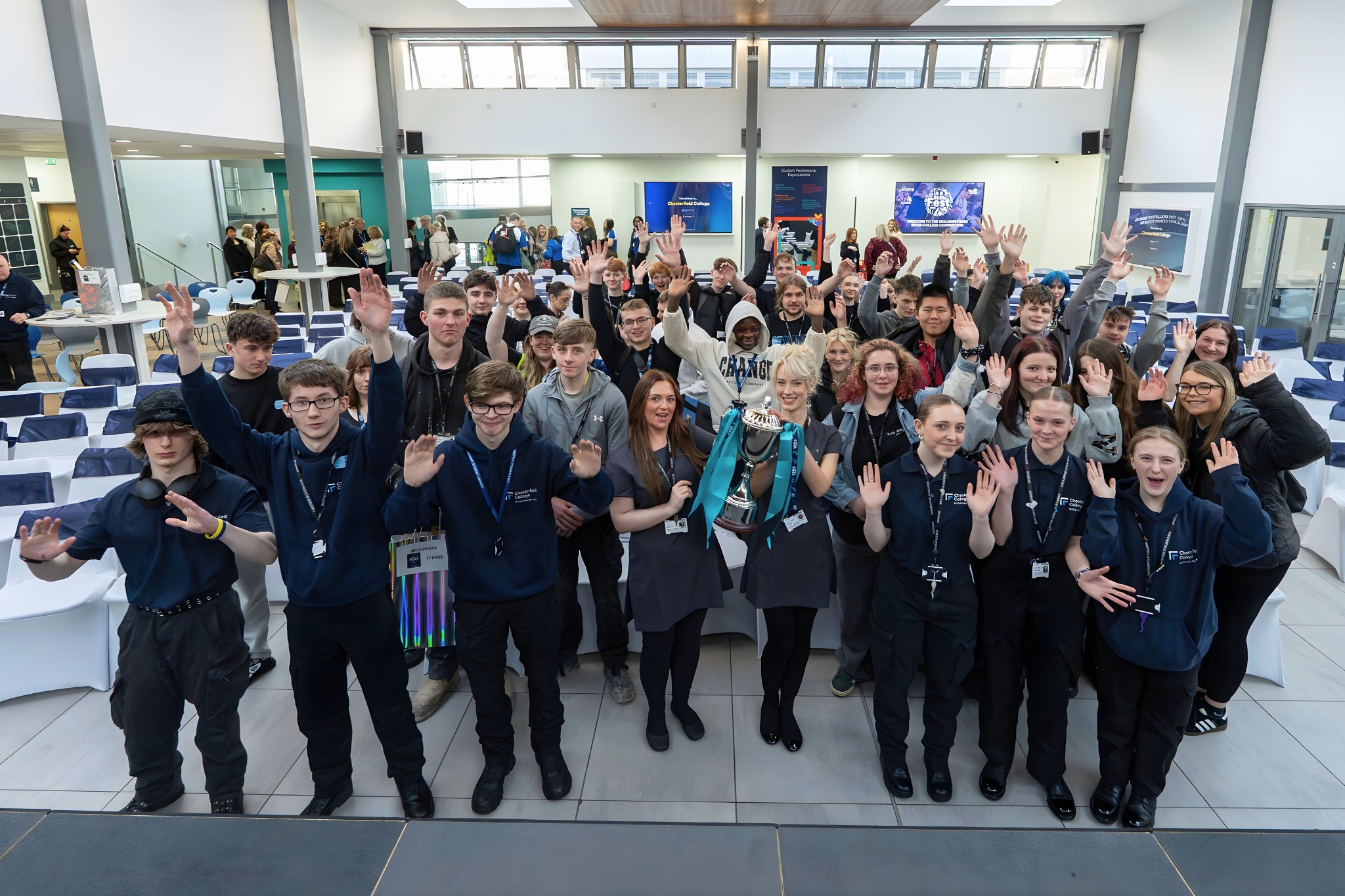 Large group of students and staff celebrating together at the SkillsFest inter-college event involving colleges from Derby, Chesterfield and Burton.