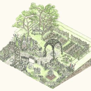 Perspective illustration of The Artist’s Garden show garden, featuring cottage‑style planting, arbour, pathways and orchard planting.