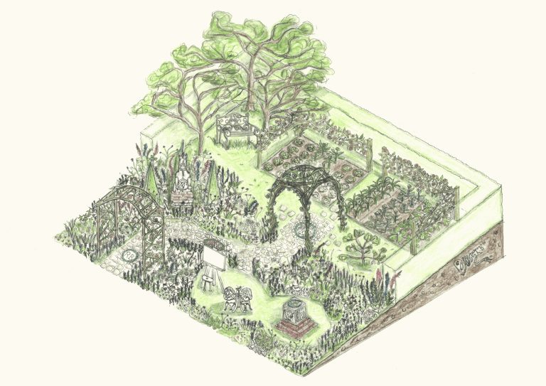 Perspective illustration of The Artist’s Garden show garden, featuring cottage‑style planting, arbour, pathways and orchard planting.