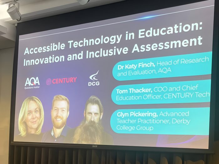 Presentation slide titled “Accessible Technology in Education: Innovation and Inclusive Assessment” showing panellists from AQA, CENTURY Tech and Derby College Group at the Training and Technology Summit.