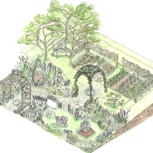 Illustrated garden design plan of The Artist’s Garden created by Derby College Group horticulture students for BBC Gardeners’ World Live, showing planting layout, pathways and landscaping features
