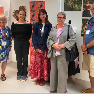 Bryan Harris Bursary winners Katy Pendleton and Ella-Rose Wadsworth with Arts Society Derby judges Vikki Fitt, Jocelyn Taylor and Alan Ager at Derby College Group.