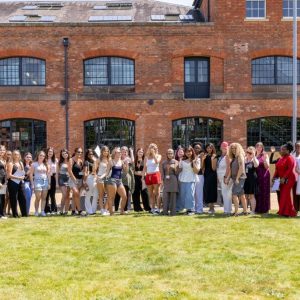 Health students grouped together outsde The Roundhouse